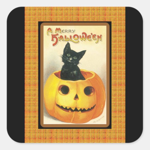 Vintage Black Cat Pumpkin Halloween Sticker