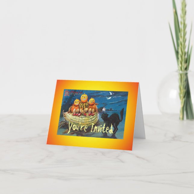 Vintage Black Cat Pumpkin Invite Card (Front)