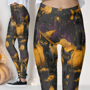Vintage Black Cat & Pumpkin   Mid-Century Spooky Leggings
