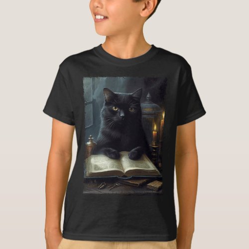 Vintage Black Cat Read Book Ghost Halloween Trick  T_Shirt