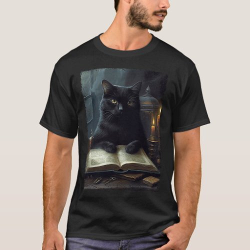 Vintage Black Cat Read Book Ghost Halloween Trick  T_Shirt