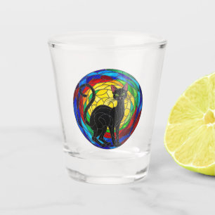 Vintage Black Cat Shot Glass, colorful mosaic Glass