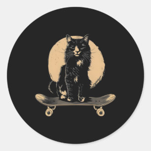 Vintage Black Cat Skateboarding Funny Skateboard C Classic Round Sticker