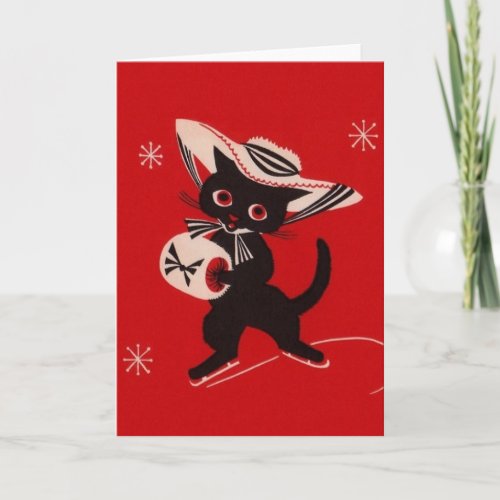 Vintage Black Cat Skater Greeting Card