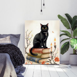 Vintage Black Cat & Spell Books Watercolor Poster