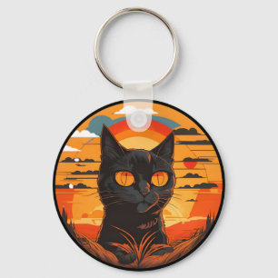 Vintage Black Cat Sunset at sunset Keychain
