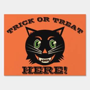 Vintage Black Cat Trick or Treat Here Sign