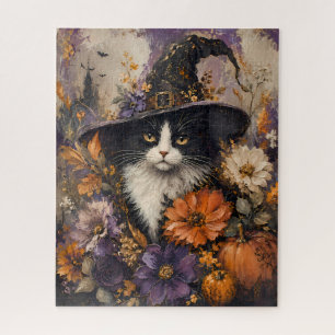 Vintage Black Cat Witch Hat Autumn Floral Jigsaw Puzzle