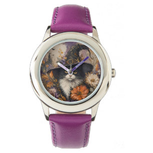 Vintage Black Cat Witch Hat Autumn Floral Watch