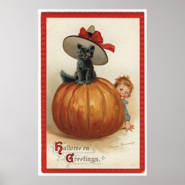 Vintage Black cat with a Witch Hat Poster (Front)