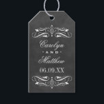Vintage Black Chalkboard Flourish Wedding Gift Tags<br><div class="desc">Chalkboard cardstock favor tags feature an elegant custom wedding monogram framed by white scroll and flourish designs. Background has a rustic black board textured appearance.</div>