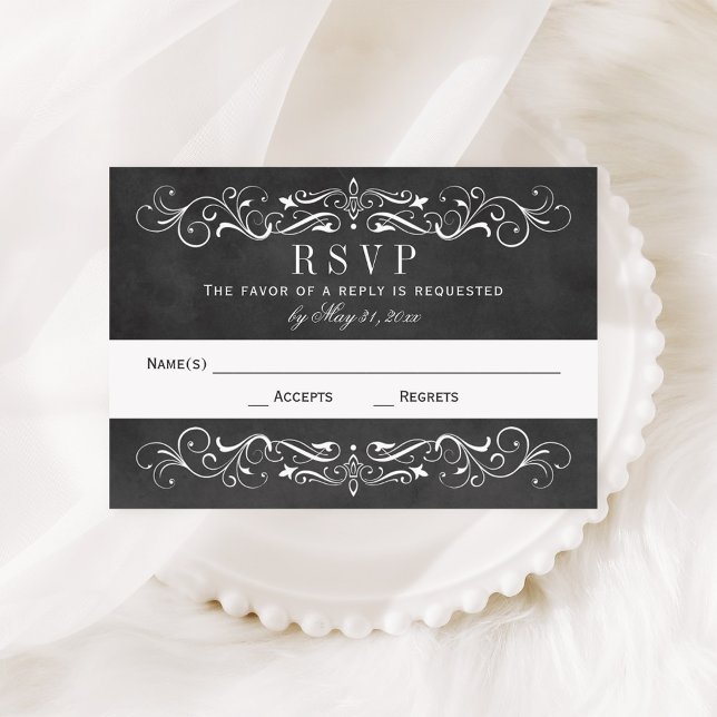 Vintage Black Chalkboard Flourish Wedding RSVP Card (Creator Uploaded)