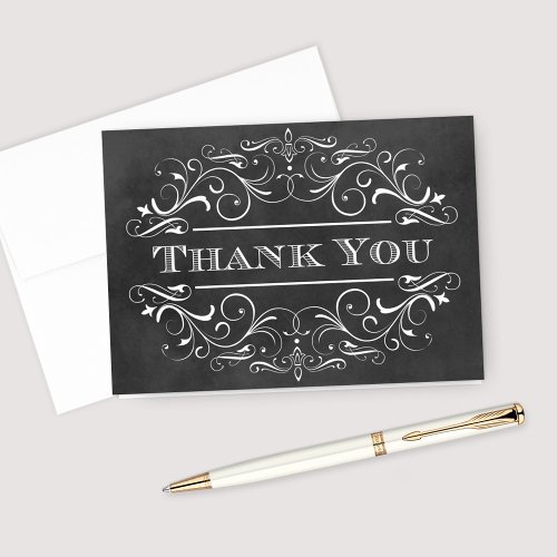 Vintage Black Chalkboard Flourish Wedding Thank You Card