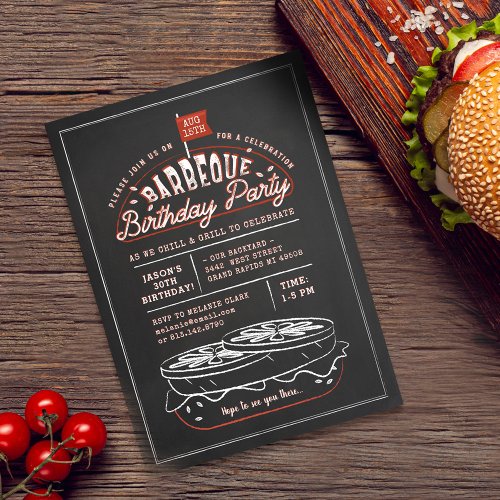 Vintage Black Chalkboard Hamburger BBQ Birthday Invitation