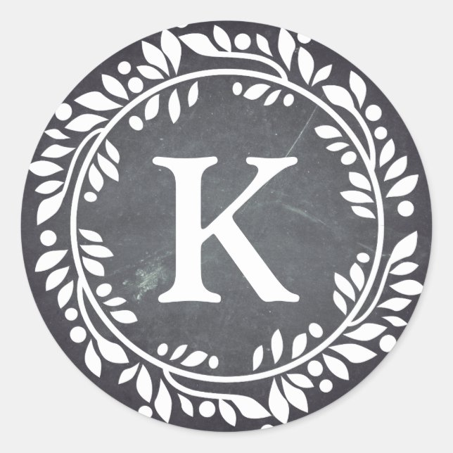 Vintage Black Chalkboard Monogram Wreath Classic Round Sticker (Front)