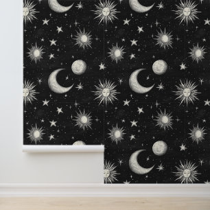 Vintage Black Chalkboard Night Sky Stars & Moons Wallpaper