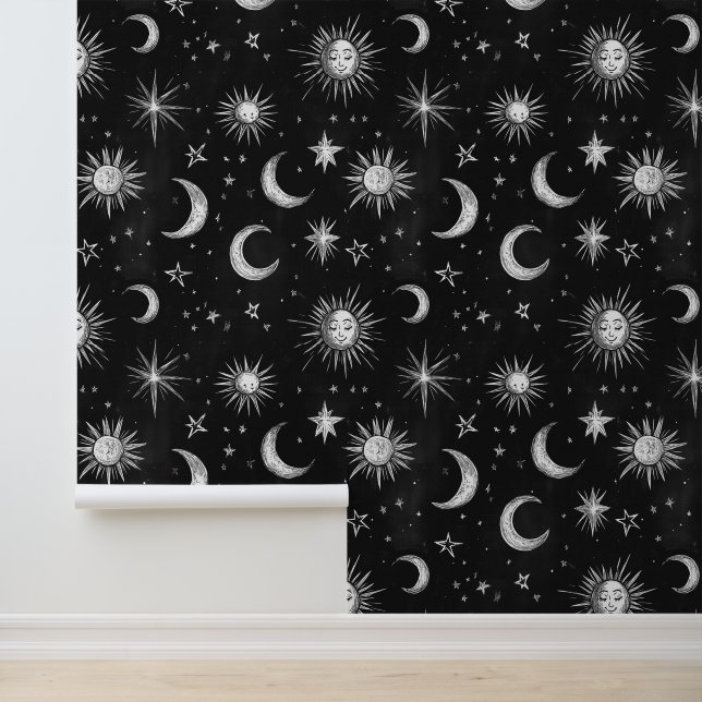Vintage Black Chalkboard Night Sky Stars & Moons Wallpaper (Application)