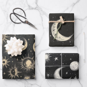 Vintage Black Chalkboard Night Sky Stars & Moons Wrapping Paper Sheets