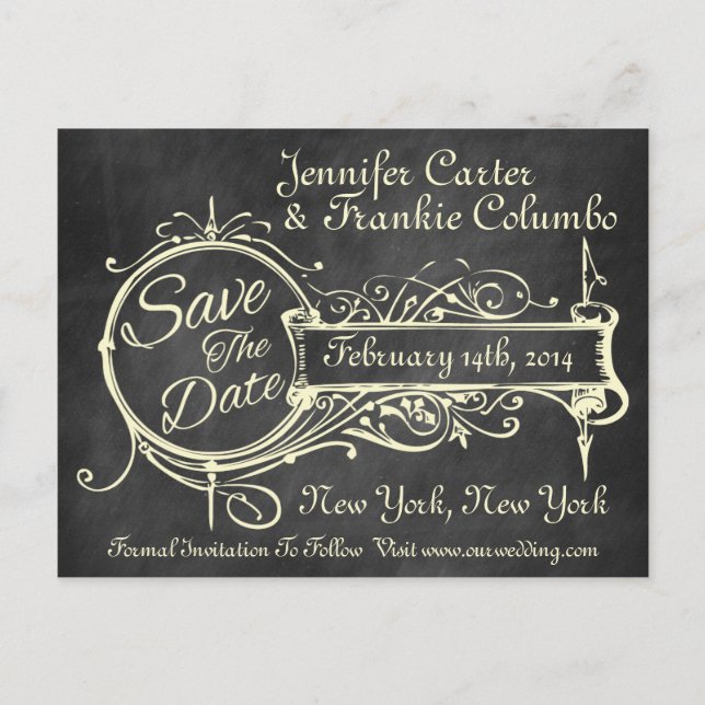 Vintage Black Chalkboard Save The Date Announcement Postcard (Front)