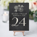 Vintage Black Chalkboard Wedding Monogram Table Number<br><div class="desc">Vintage style wedding chalkboard table number cards feature hand-drawn flowers,  a monogram of the bride and groom names and wedding date,  and table number that can be customized for each table.  Soft white / ivory chalk look on background with a rustic textured black chalkboard appearance.</div>