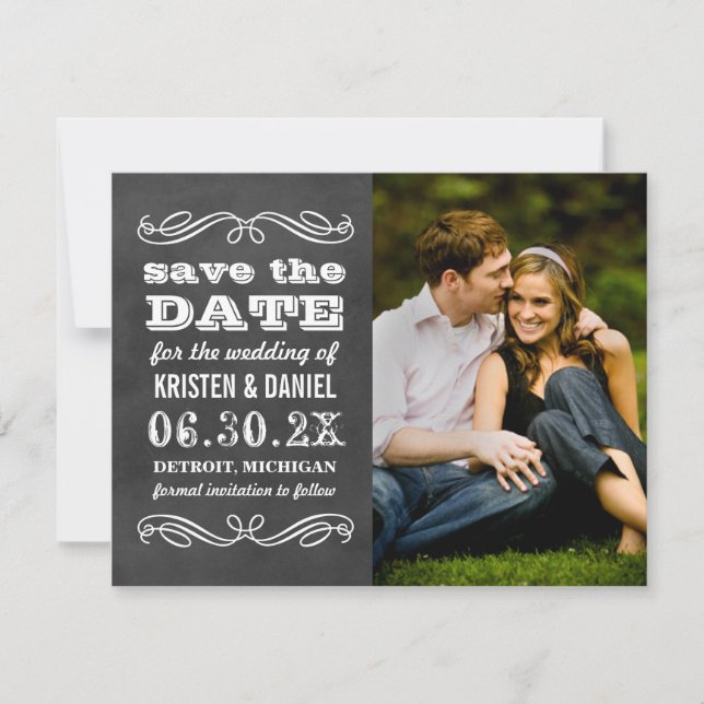 Vintage Black Chalkboard Wedding Photo Save The Date (Front)