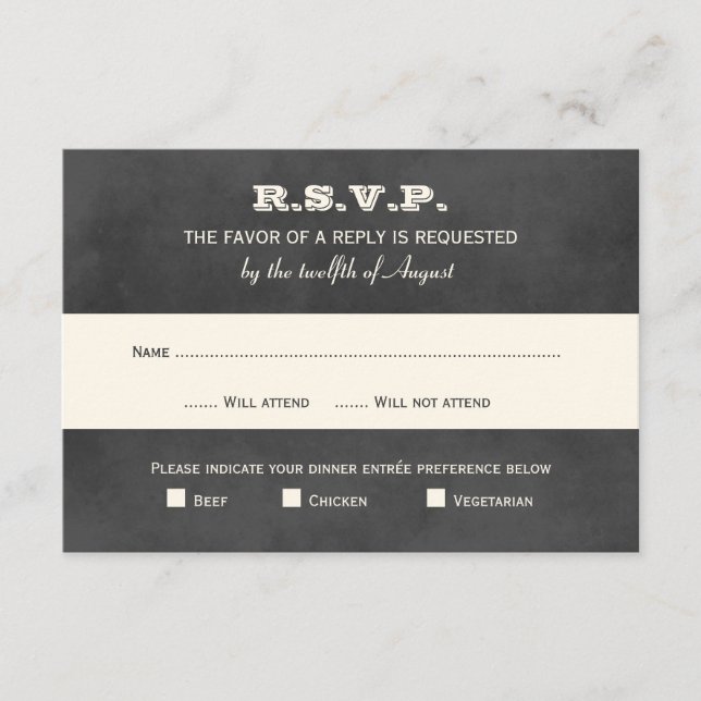 Vintage Black Chalkboard Wedding RSVP Card (Front)