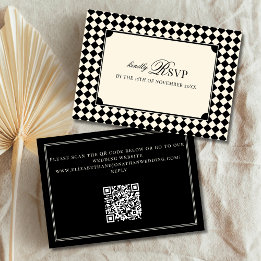 Vintage Black Checkered Old Money QR Code Wedding RSVP Card
