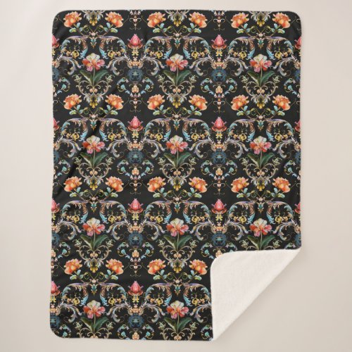 Vintage black colorful damask pattern sherpa blanket