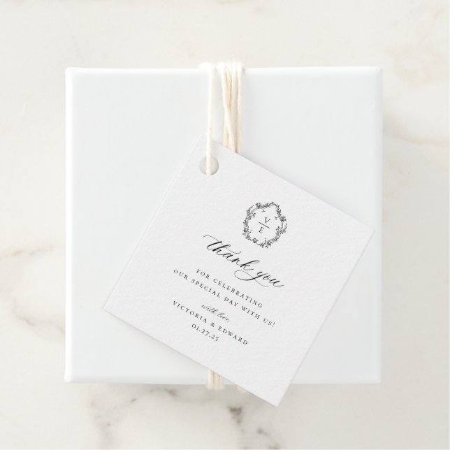 Vintage Black Crest Monogram Wedding Thank You Favor Tags (In Situ)