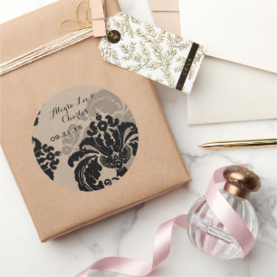 Vintage Black Damask Brown Paper  Wedding Sticker