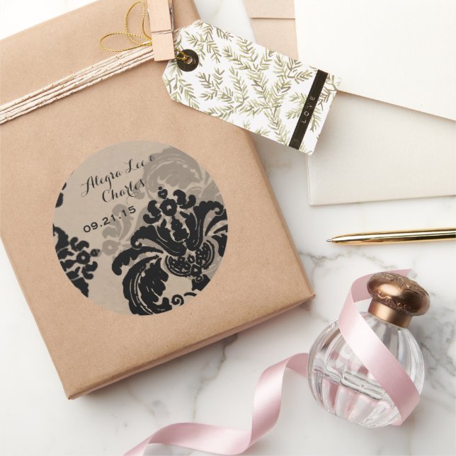 Vintage Black Damask Brown Paper  Wedding Sticker (Gifting)