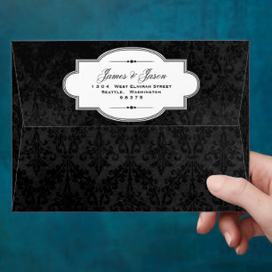 Vintage Black Damask: Custom Linen Wedding A-7 Envelope