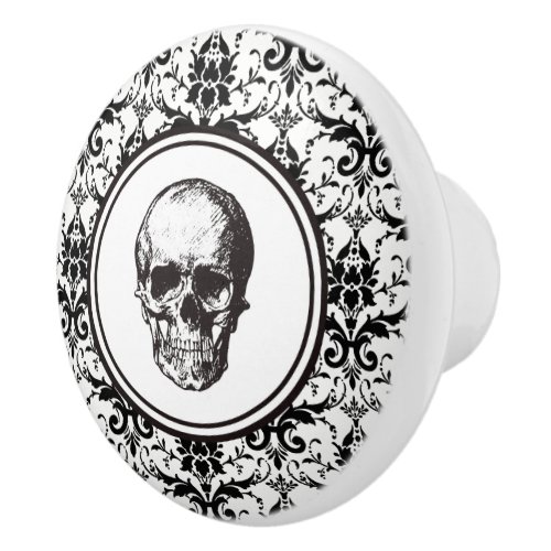 Vintage Black Damask Pattern Skull HALLOWEEN Ceramic Knob