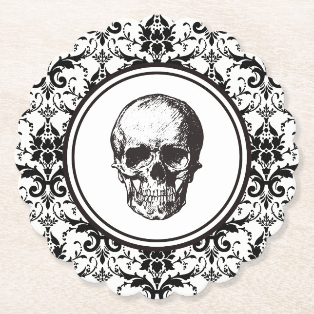 Vintage Black Damask Pattern Skull HALLOWEEN Paper Coaster (Front)