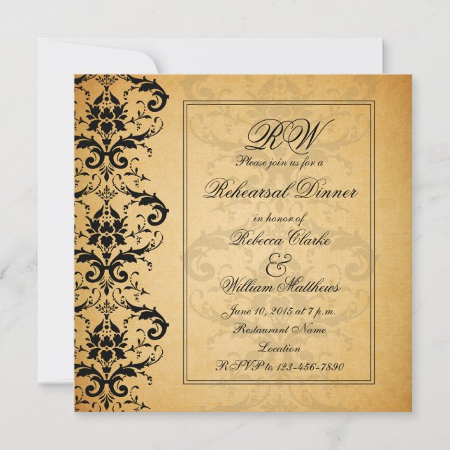 Vintage Black Damask Rehearsal Dinner Invite (Front)