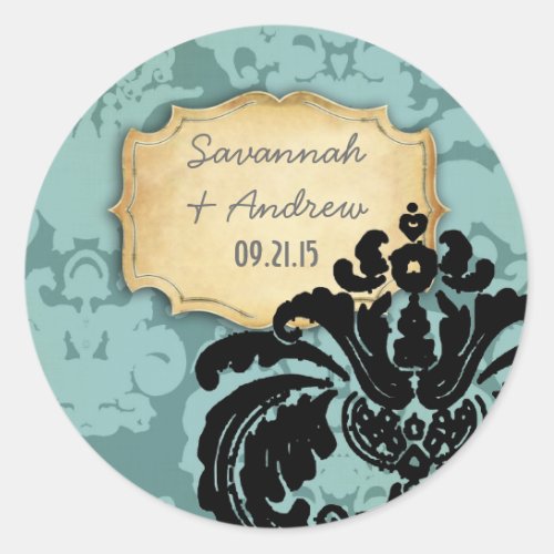 Vintage Black Damask Teal and Gold Wedding Sticker