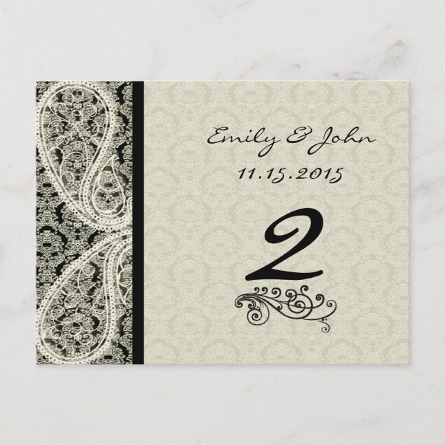 Vintage Black Damask Wedding Table Number Cards (Front)
