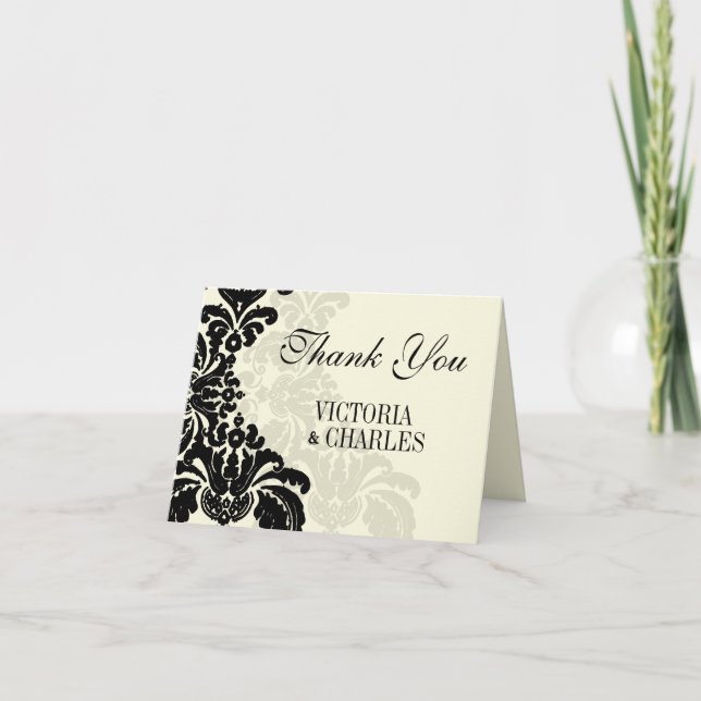 Vintage Black Damask Wedding Thank You (Front)