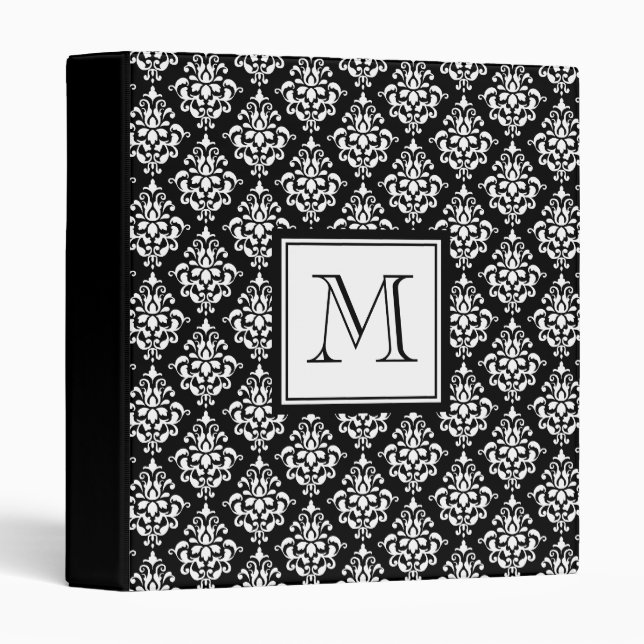 VINTAGE BLACK DAMASK YOUR MONOGRAM 3 RING BINDER (Front/Spine)