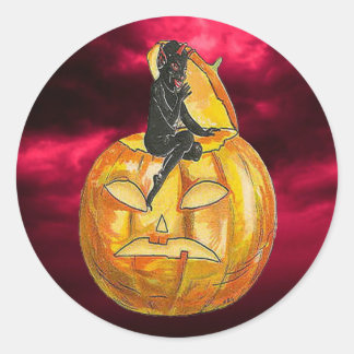 Vintage Black Devil on Jack o' Lantern Classic Round Sticker