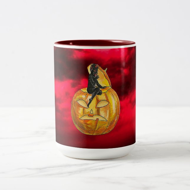 Vintage Black Devil on Jack o' Lantern & Red Cloud Two-Tone Coffee Mug (Center)