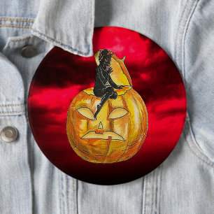 Vintage Black Devil on Jack o' Lantern Red Clouds Button