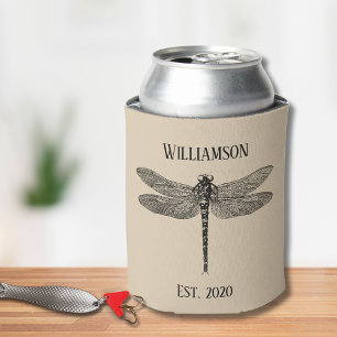 Vintage Black Dragonfly Monogram Can Cooler