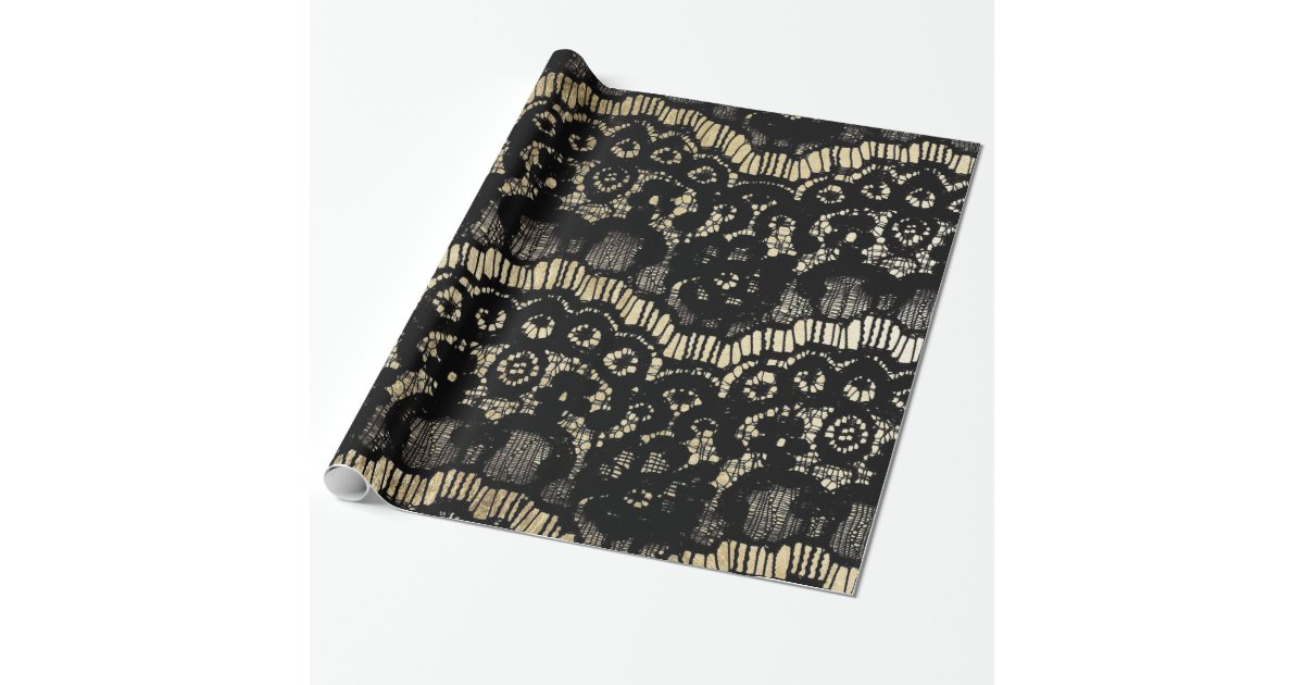Luxury chic faux gold black floral french lace Wrapping Paper by Pink Water