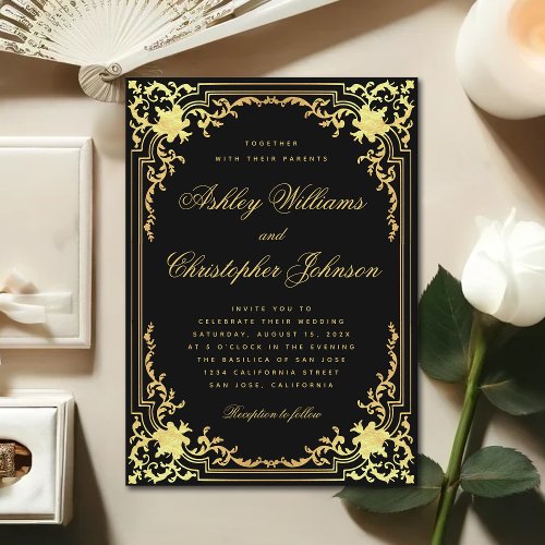 Vintage Black Faux Gold Ornate Calligraphy Wedding Invitation