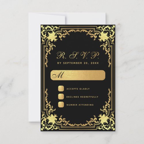 Vintage Black Faux Gold Script Elegant Wedding RSVP Card