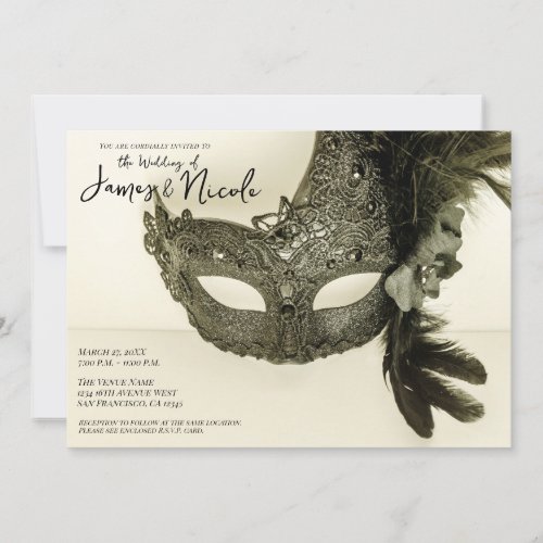 Vintage Black Feather Masquerade Mask Tan Wedding Invitation