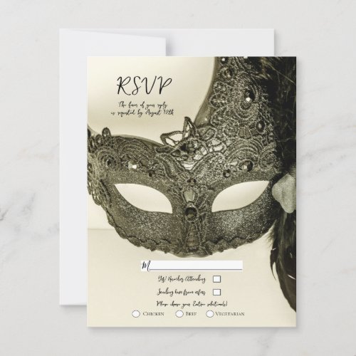 Vintage Black Feather Masquerade Mask Wedding RSVP Invitation