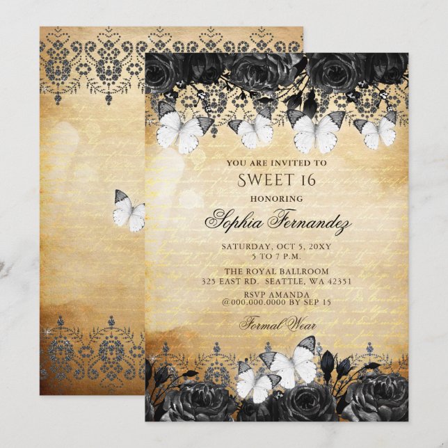 Vintage Black Floral Butterfly Sweet 16 Invitation (Front/Back)