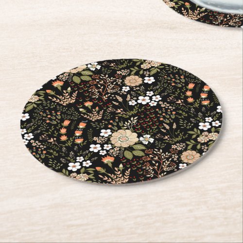 Vintage Black Floral Country Wedding Party Round Paper Coaster